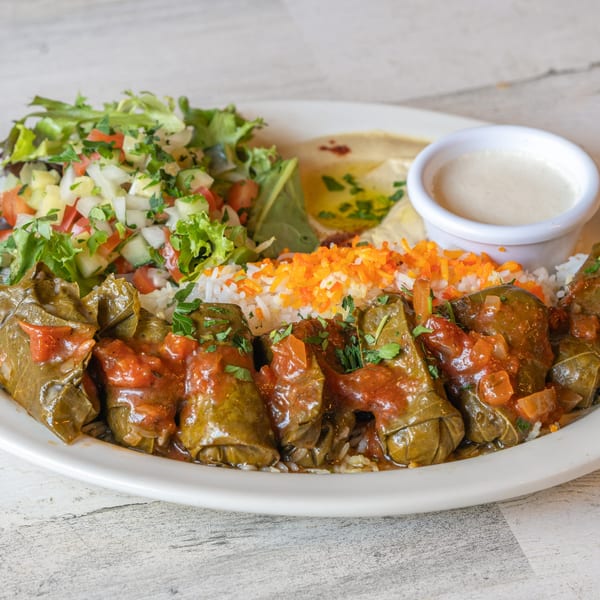 Baba Pita's Mediterranean dolmades, rice, salad, hummus, and white sauce on a white plate.